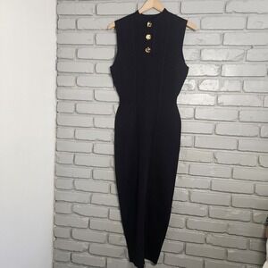 Lela Rose Sweater Dress M Black Ribbed Knit Midi Gold Button Bodycon Preppy Chic